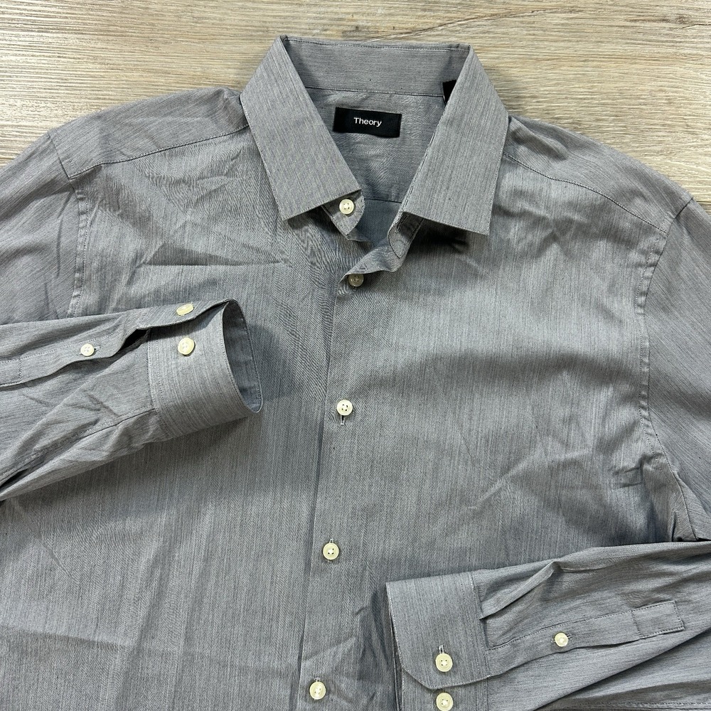 Theory Men's 16R Dover SPR Slim Fit Gray Heathered Button Up Dress Shirt